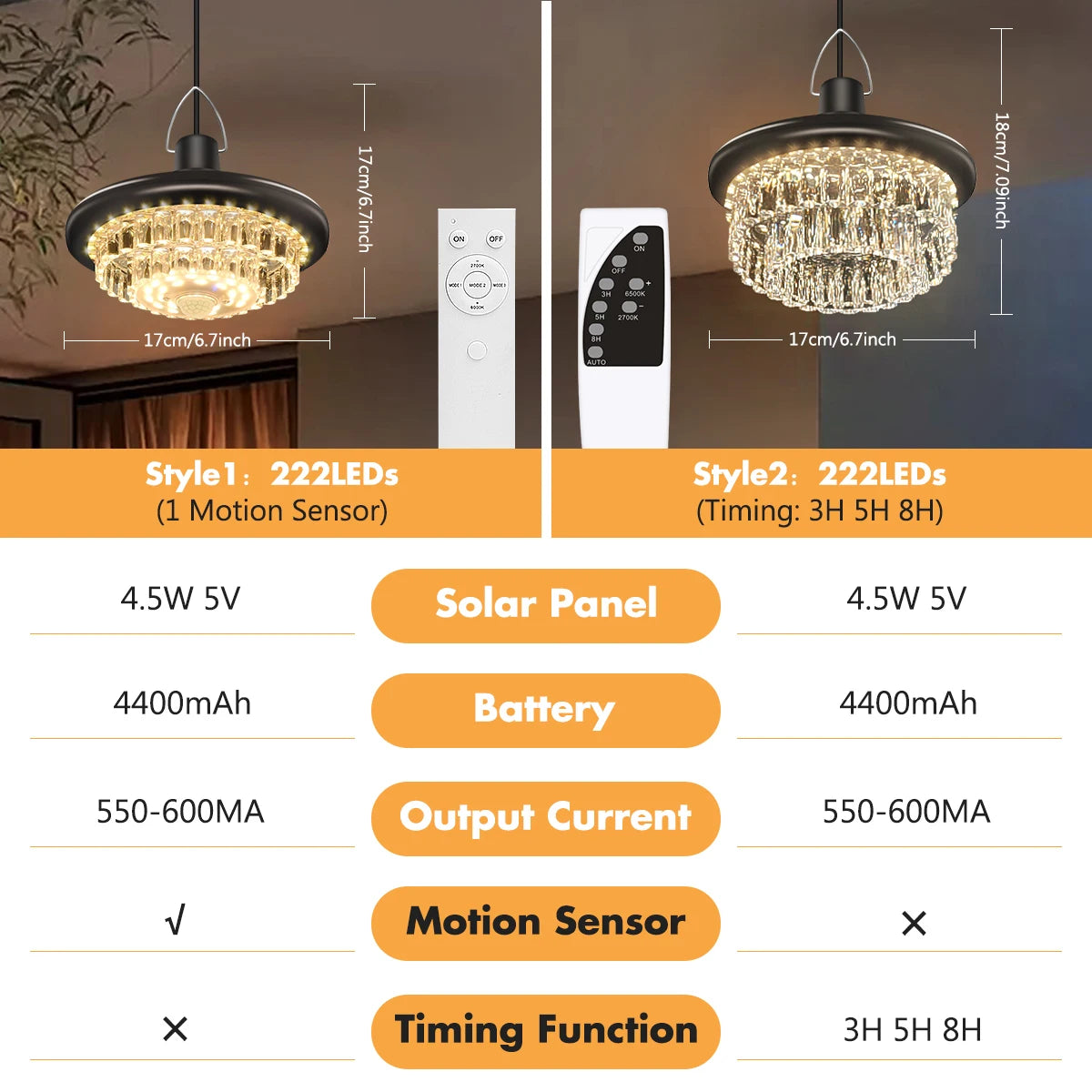 Waterproof Crystal Solar Pendent Light LED Solar Light Outdoor with Adjustable Color Changing Solar Garden Lamp for Gazebo