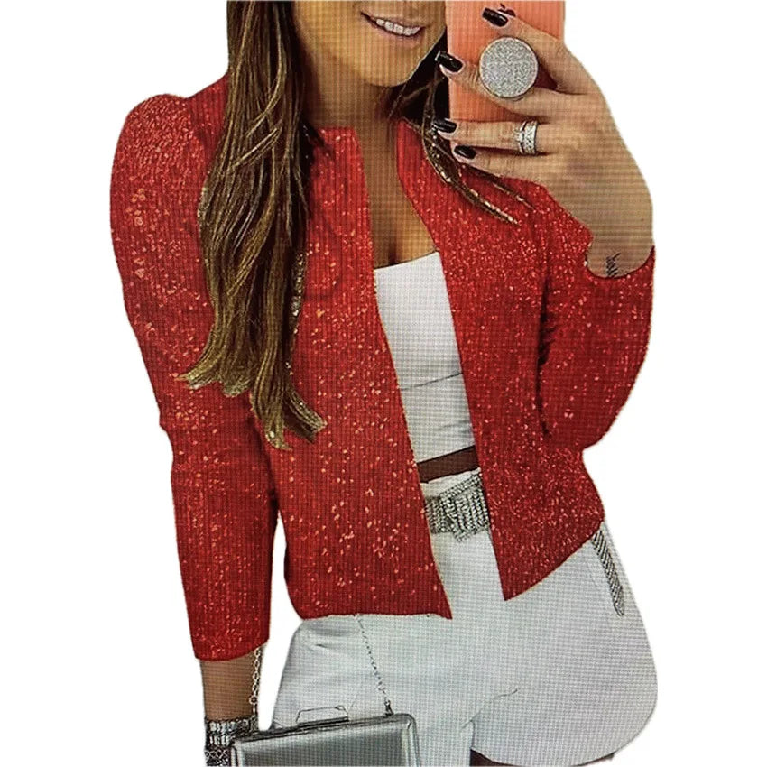 S-3XL Plus Size Elegant Chic Blazer Shining Sequins Short Coat New Fashion Long Sleeve O-Neck Cardigan Jacket Open Front Outwear Female Clothing Supplies