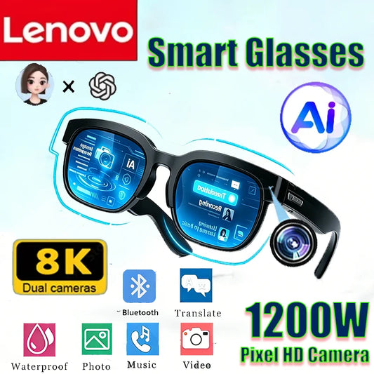 Original LENOVO Ai Smart 8K Glasses 18 Languages New AI Translation Bluetooth Conversation Recording Listening To Music Smart Men Women Sunglasses Outdoor Travel Sport Activities