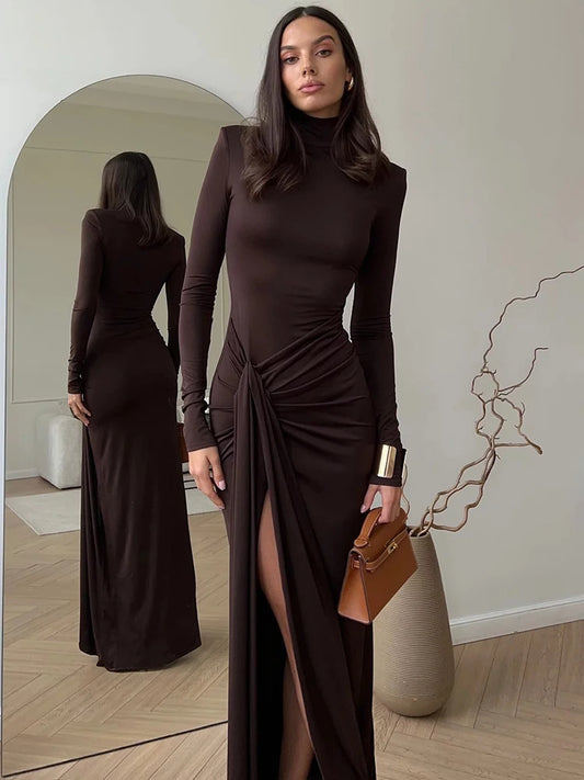NEW Arrivals UK Size Brown/Black Color Turtleneck Thigh High Split Sexy Maxi Dress For Women Fashion Long Sleeve Draped Bandage Bodycon  Evening Party Night Club Long Dress