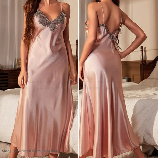 NEW S-2XL UK Plus Size Sexy Suspender Long Nightgown Female Chemise Sleepwear Home Dressing Gown Patchwork Lace Lingerie Nightdress Ice Silk Nightwear Loungewear