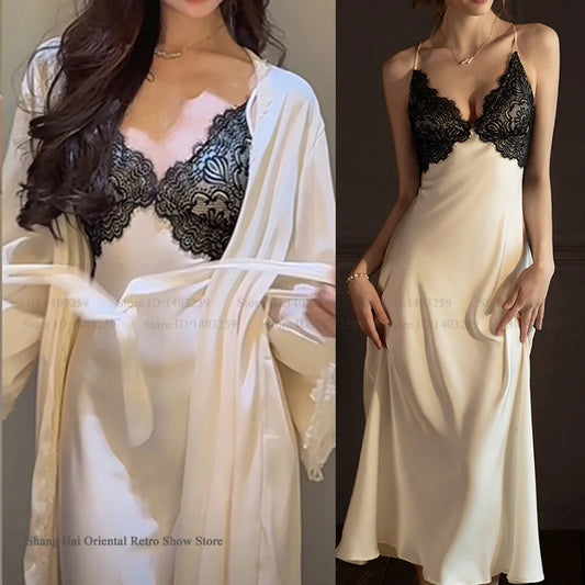 2 PCS Set Sexy Female  Long Robe Nightgown Spring Summer New Silk Satin Sleepwear Nightdress Lingerie Patchwork Lace Home Wear