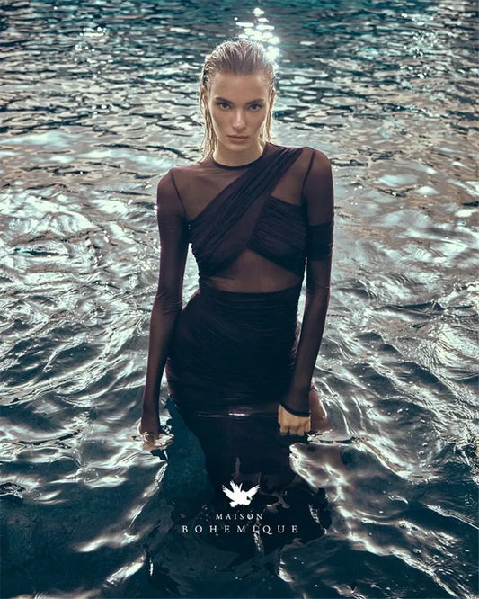 NEW Arrivals UK Size Burgundy/Coffee/Black Color See Through Mesh Sexy Maxi Dress Women Fashion Zipper Patchwork See Through Long Sleeve Elegant Evening Beach Night Club Party Long Dress