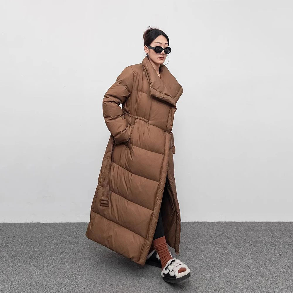 NEW Arrivals S-2XL UK Size Black/Brown Winter Warm Windproof  Tibetan Large Lapel Long Down Jacket Overcoat Women 90 White Duck Down Loose Knee Length Bread Cotton Quilt Jacket Down Coat
