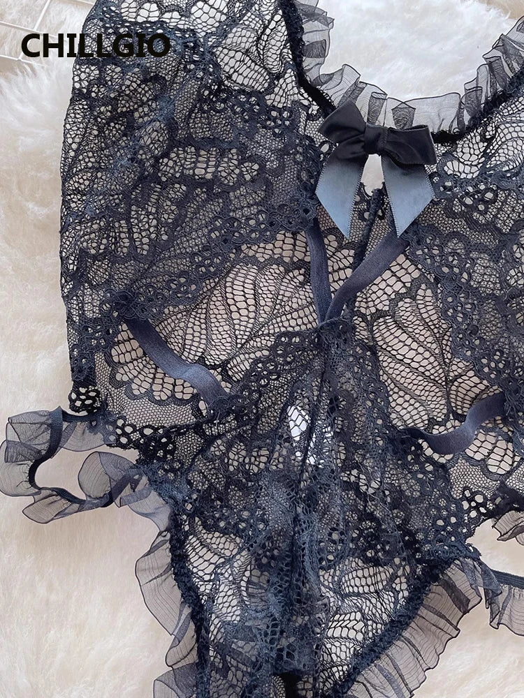 Women Transparent Lace Halter Bodysuit Fashion Erotic Bodycon Ruffle Catsuit One Piece Sexy Combination Onesie Lingerie