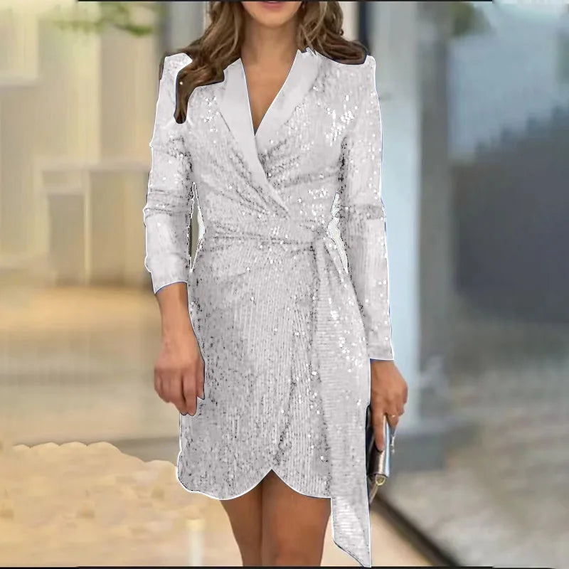 NEW Arrivals S-3XL UK Size 7 Colors Women's Luxury Spring Summer New Collection Solid Color Fashionable Sexy Waist Series Sequined Suit Collar Long Sleeved Lace Up Dress Ladies Luxury Fashion Apparel Supplies