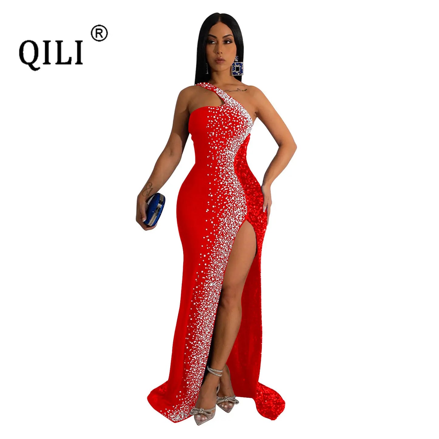 One Shoulder Rhinestone and Sequins Sexy High Split Long Dress Elegant Party Dresses for Women  Robe Blue Black Red