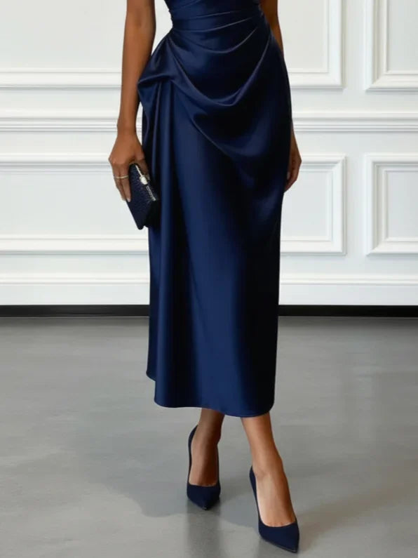 S-2XL UK Size One Shoulder Luxury Satin Midi Dress With Ruched Waist Elegant Sleeveless Evening Wedding Guest Business Party Formal Gown Ladies Outfits.