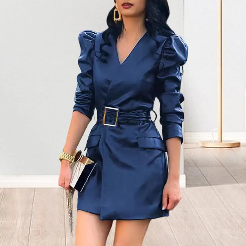 NEW Arrivals S-XL 4 Colors Summer Women Dress Smooth Faux Leather V Neck Long Bubble Sleeves Belted Waist Lady Dress Slim Fit Solid Color Mini Dress Ladies Luxury Fashion Clothing Supplies