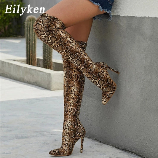 Low-Price Sales are Limited Luxury Leopard Grain Serpentine Long Boots Women High Heel Boot Pointed Toe Sexy Nigh Club Pole Dance Shoes Thigh High Over-The-Knee Booties Ladies Girls Luxury Fashion Apparel Accessories Clothing