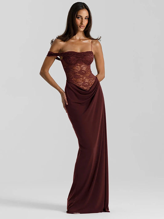 NEW Brown/Burgundy/Black Color UK Size One Shoulder Lace See Through Sexy Maxi Dress Women Gown Fashion Off-shoulder Sleeveless Backless Evening Party Club Long Dresses