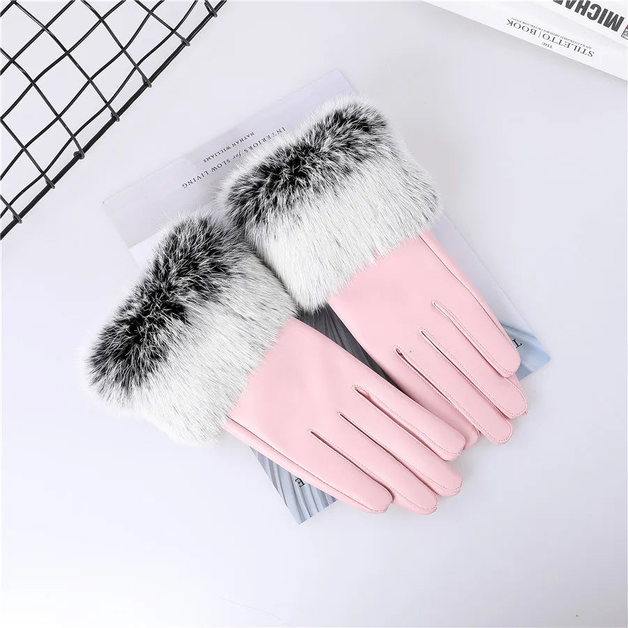 New Arrivals Women's Luxury Real Sheepskin Leather Gloves With Real Natural Rabbit Fur Cuffs Female Formal Evening Party Business Dinner Warm Gloves Fleece Lining Touch Screen Gloves Ladies Luxury Fashion Apparel Accessories