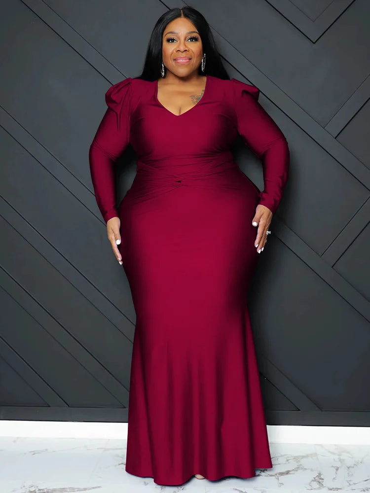 L-5XL Plus Size Black/Red/Blue/Green Evening Party Luxury Dresses Curvy BBW Women V-Neck Long Sleeve Full Length Bodycon Elegant Evening Maxi Dress