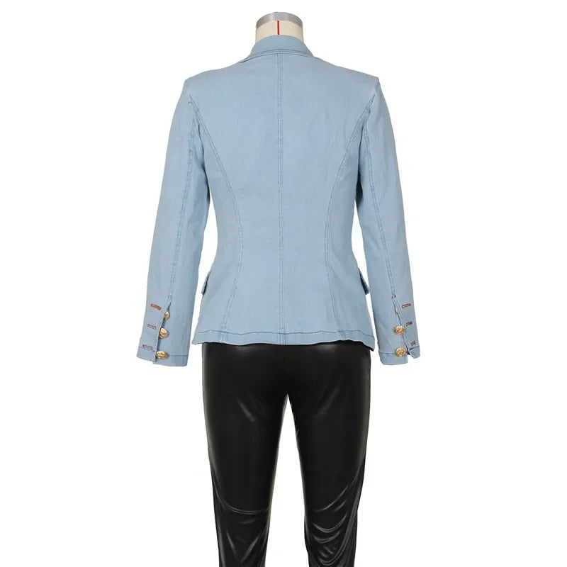 High Quality Women New Fashion Slim Casual Denim Coat Jackets Streetwear Full Sleeve Double Breasted Sexy Blue Jean Jacket