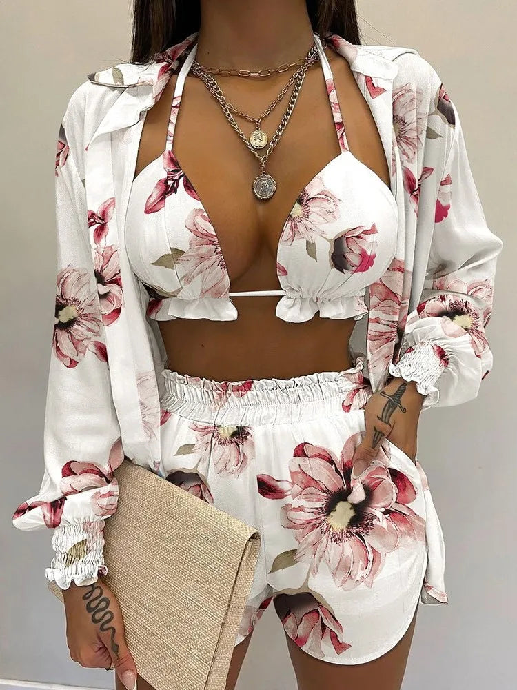 New Women's Sexy Fashion Set Spring/summer Solid Color Print 3-piece Set Beach Casual Coat Shorts Women's 3-piece Set