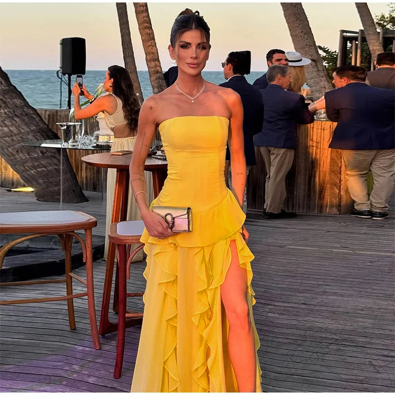 7 Colors Elegant Strapless Women's Dresses Sleeveless Waist Cinching Pleated Split Party Dress Spring Summer Evening Party Trendy Female Fashion