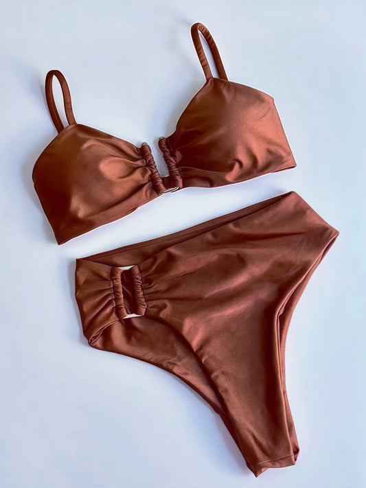 NEW Arrivals 2PCS Set UK Size 4 Colors V-Shaped Padded Female Swimsuit High Waist Bikini Women Swimwear Bikini Suit Bather Bathing Ladies Suit
