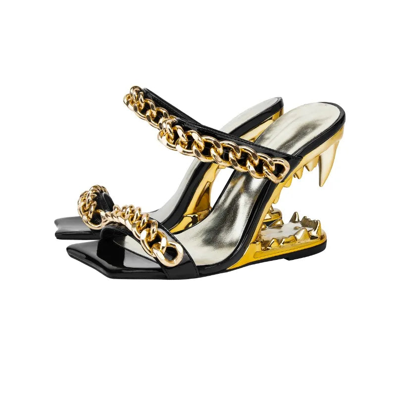 NEW Arrivals Big Gold Chain Peep Toe Tiger Teeth Heel Top Quality Sandals New Fashion Silvery Evening Beach Party Outdoors Women's Slippers Size 35-43