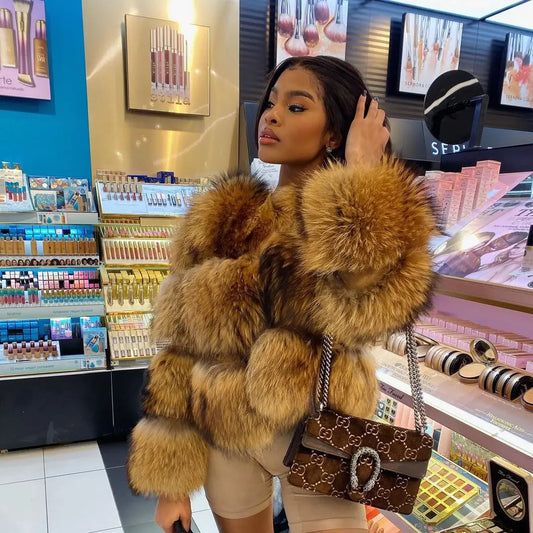 NEW HOT SALE XS-5XL Luxury Raccoon Faux Fur with Hood Coat Women's Jacket Winter Warm Snow Clothes Supplies Fashion Warm Thick Fox Raccoon Leather Brown Cold Coat Female Girls Luxury Fashion Clothing Products