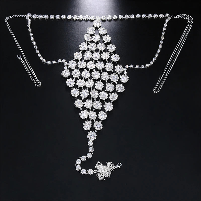 Greek Angel  Crystal Mesh Thong Jewelry Body Harness Woman Shining Rhinestone Bikini Rave Accessories  Panties Chains Festival