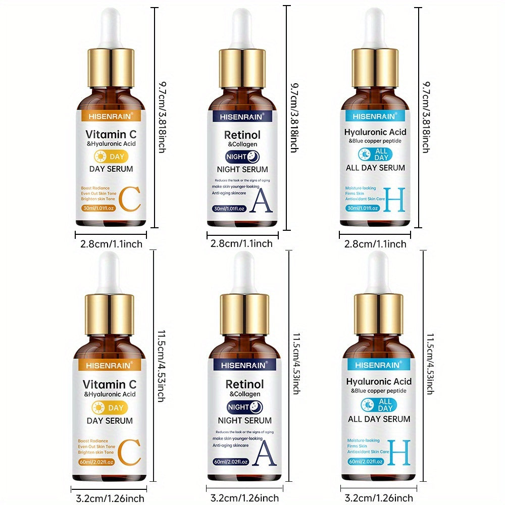 3 PCS Set All Day & Night Serum Set with Vitamin C + Retinol + Hyaluronic Acid (Contains Collagen + Peptides + Various Vegetable Oil Extracts) -Brightens Light Beige, Firms Skin, Controls Oil & Moisturizes, Deeply Hydrates. D