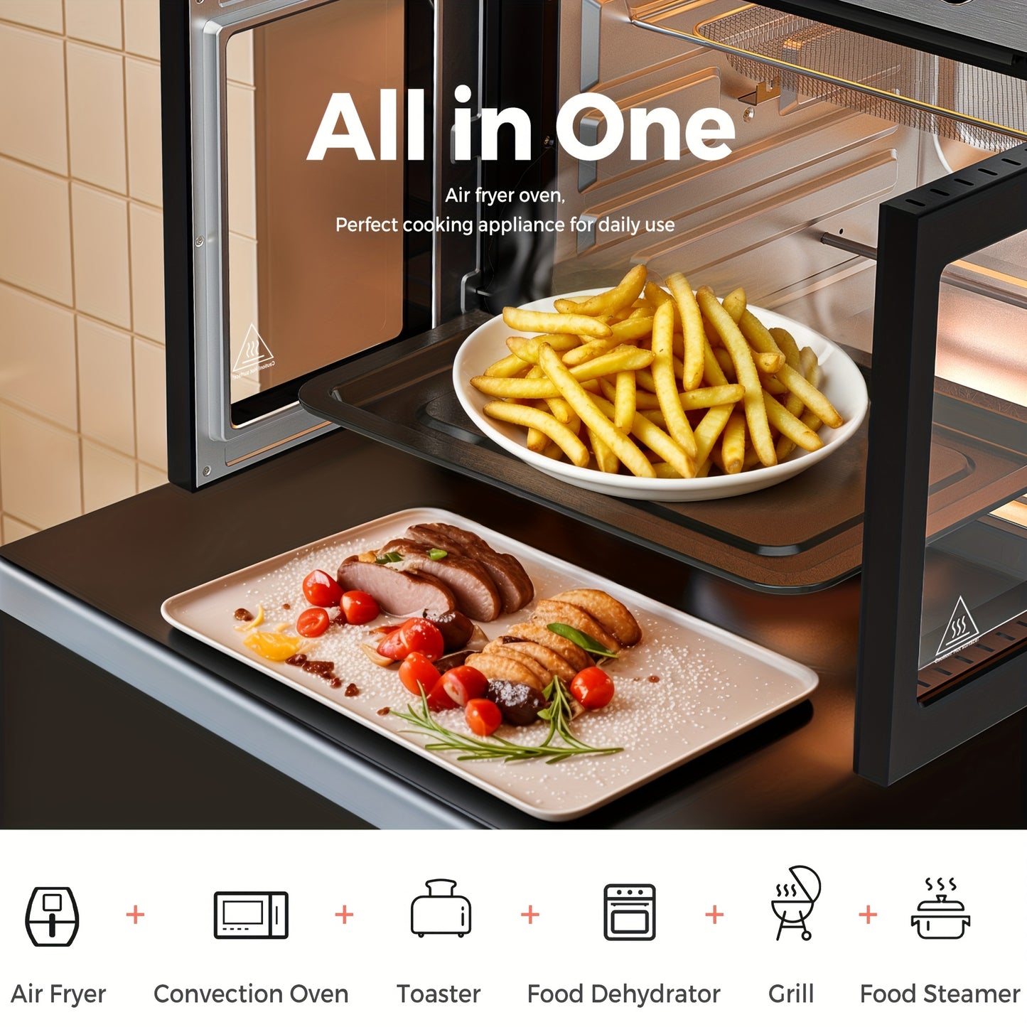 28L Air Fryer Oven with Rotating Grill, 18-in-1 Large Air Fryer Cooking Top-to-Bottom Convection Oven, Oil-Free Air Fryer Quick Baking, Pizza, Grilling, Bread, Dehydrating, 1700W Full Accessory