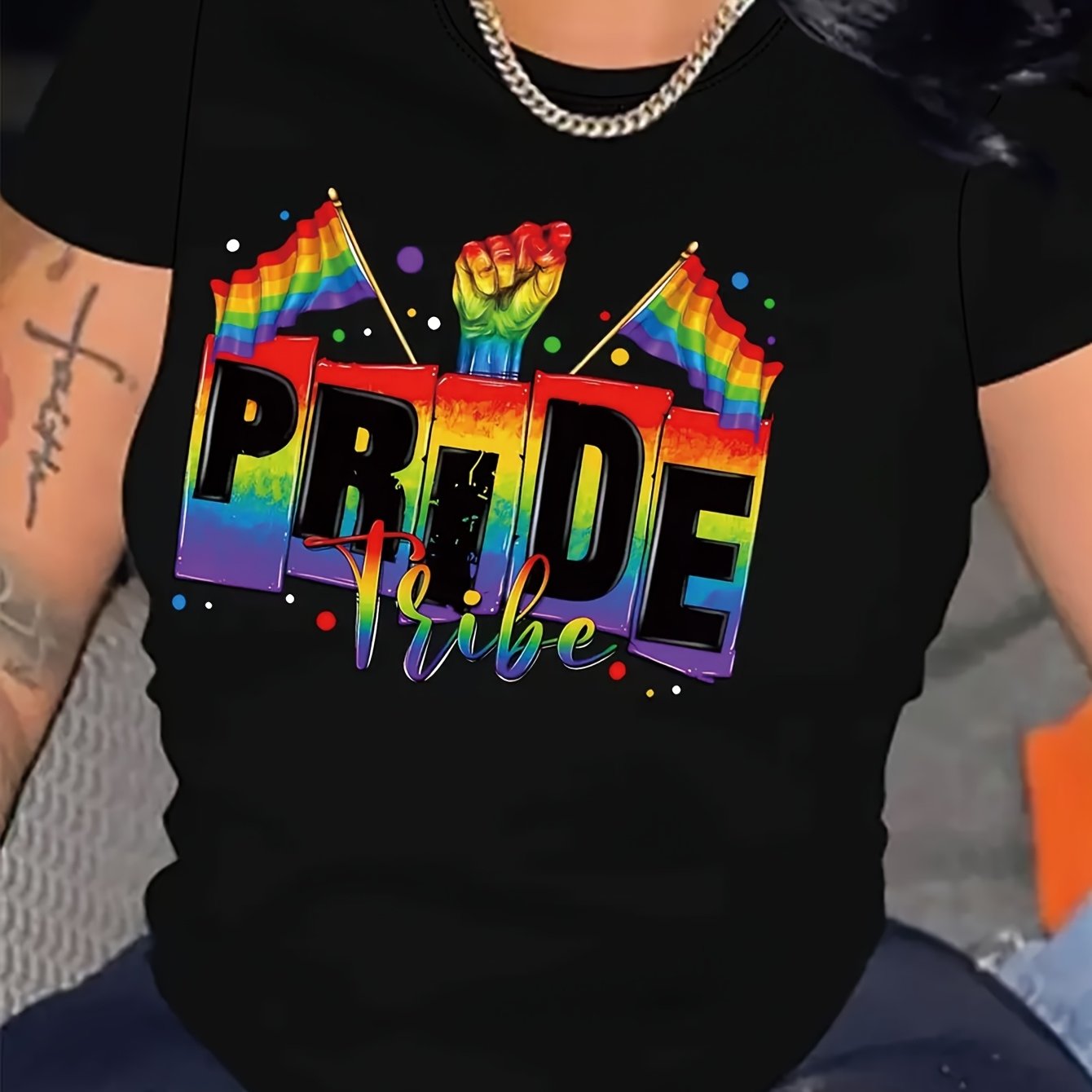 Women's Pride Rainbow Graphic T-Shirt - Black Casual Short Sleeve Round Neck Top with Bold "PRIDE" Lettering & Geometric Design, Semi-Sheer LGBTQ+ Celebration Apparel, Machine Washable Regular Fit, Allseason Wear, Relaxed Fit