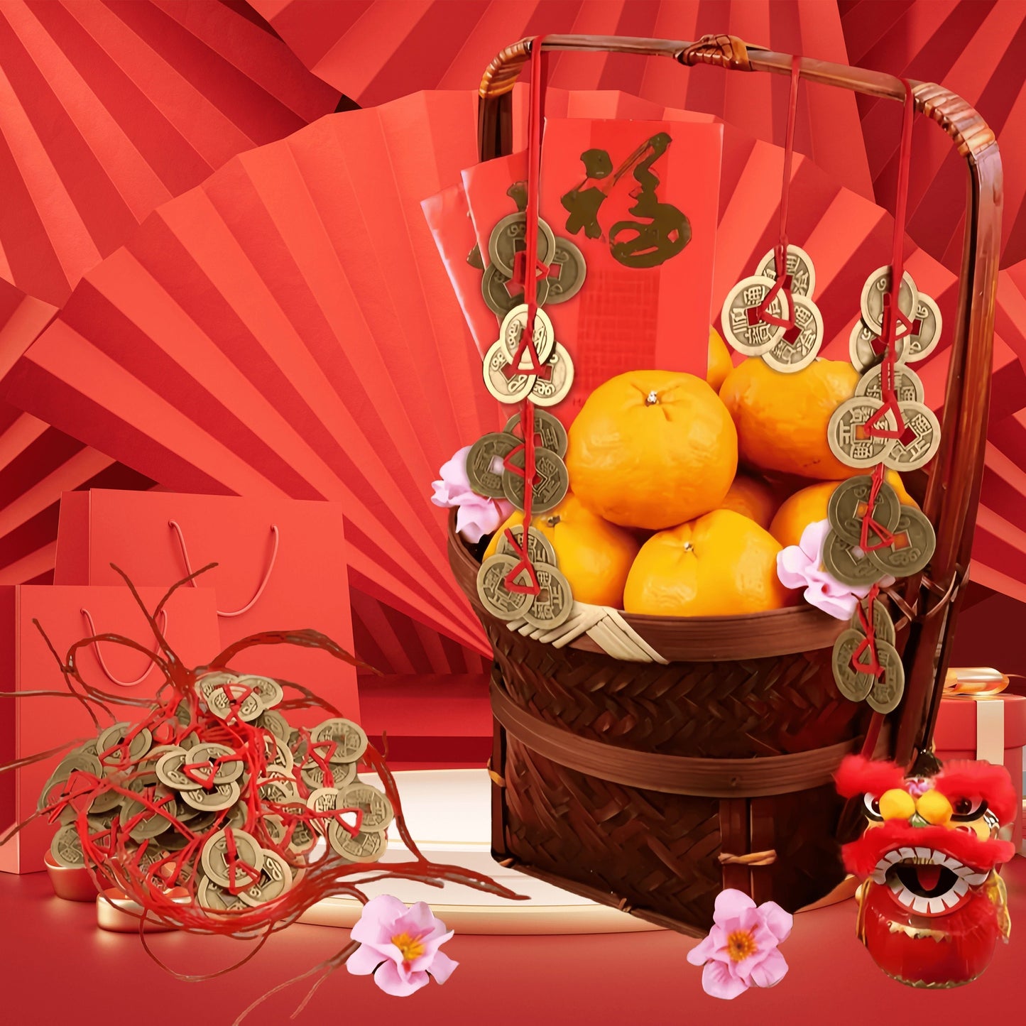 NEW 9 PCS  Retro Chinese Traditional Red Rope Lucky Coins - Antique Brass Feng Shui Decorative Pendant, Feng Shui Decoration, New Year, Spring Festival, Christmas Decoration, Feng Shui Accessories