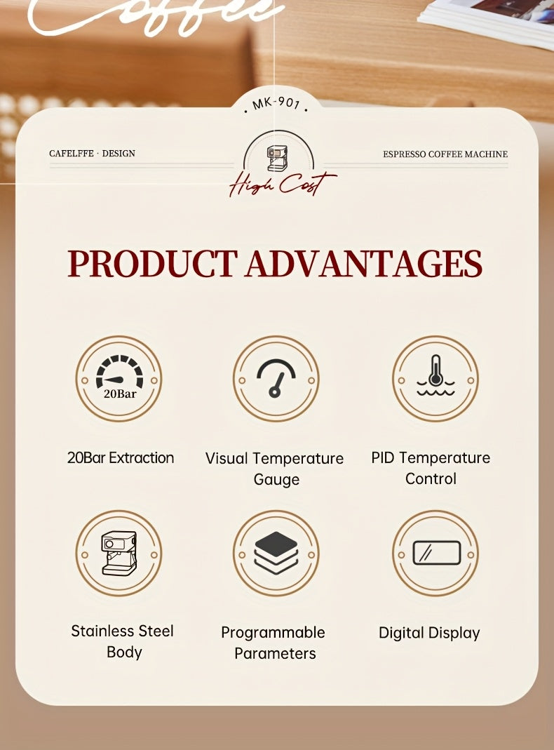 Italian Semi-Automatic Espresso Machine with Built-in Milk Frother & Steam Wand, 20 Bar Pump Stainless Steel Coffee Maker for Latte, Cappuccino, Americano, 1.5L Detachable Water Tank, Smart Touch Panel, Programmable Settings,