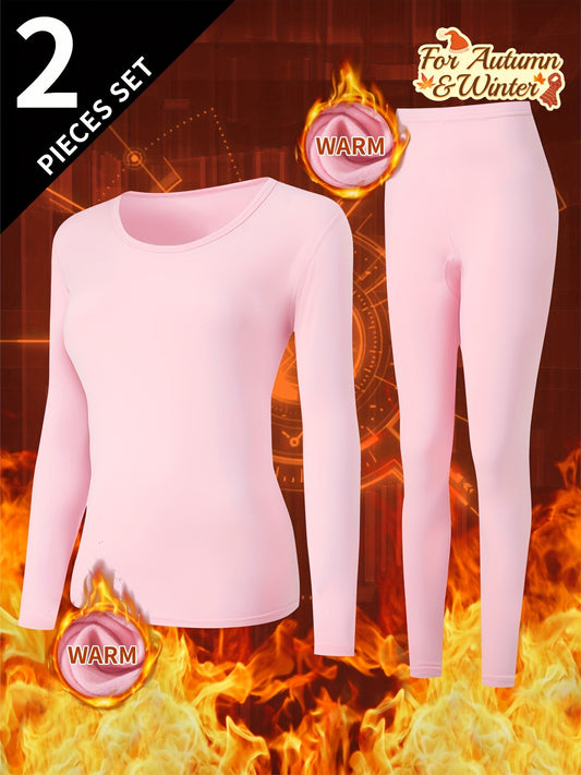 2 PCS Set Black/Beige /Pink Color Women's Warm Long-Sleeve Top And Tight Leggings | Solid Color, Medium Stretch Fabric for Autumn And Winter Outdoor Running Hiking Sport Activities