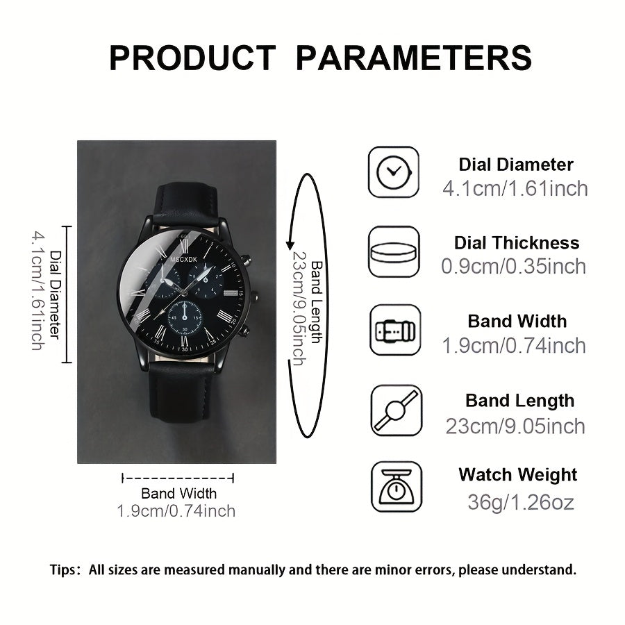 1pc MSCXDK Unisex Watch + 3pcs Accessories, Minimalist Design, Suitable for Formal and Casual Occasions - Black Dial with Roman Numerals, Quartz Movement, Battery-Powered, Affordable Luxury Wristwatch, Slim Design, Sturdy Bra
