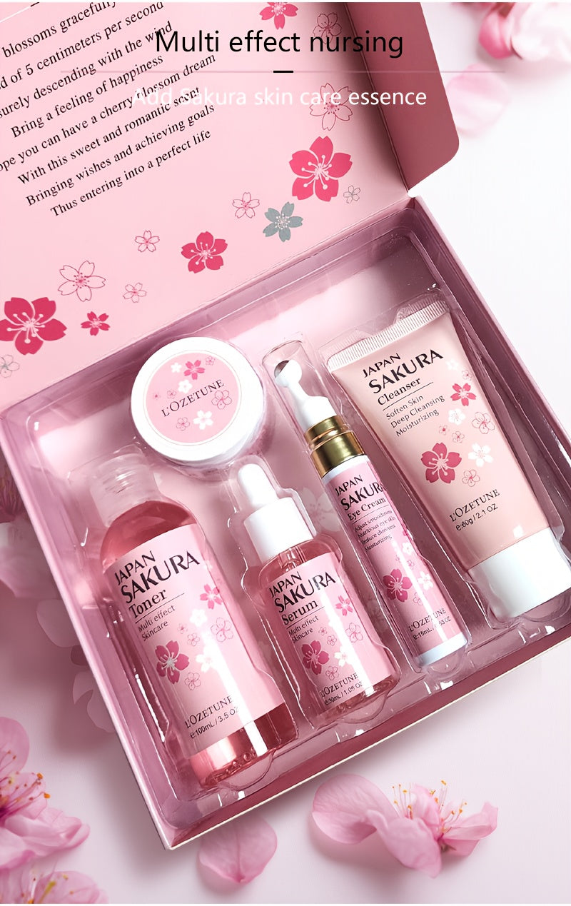 5PCS Set Japanese Sakura Cherry Blossom Skincare Set: moisturizing toner, eye cream, cleanser, face cream, cherry essence. Fits all Light Beige (dry, normal, combination). Great for post-facial hair removal