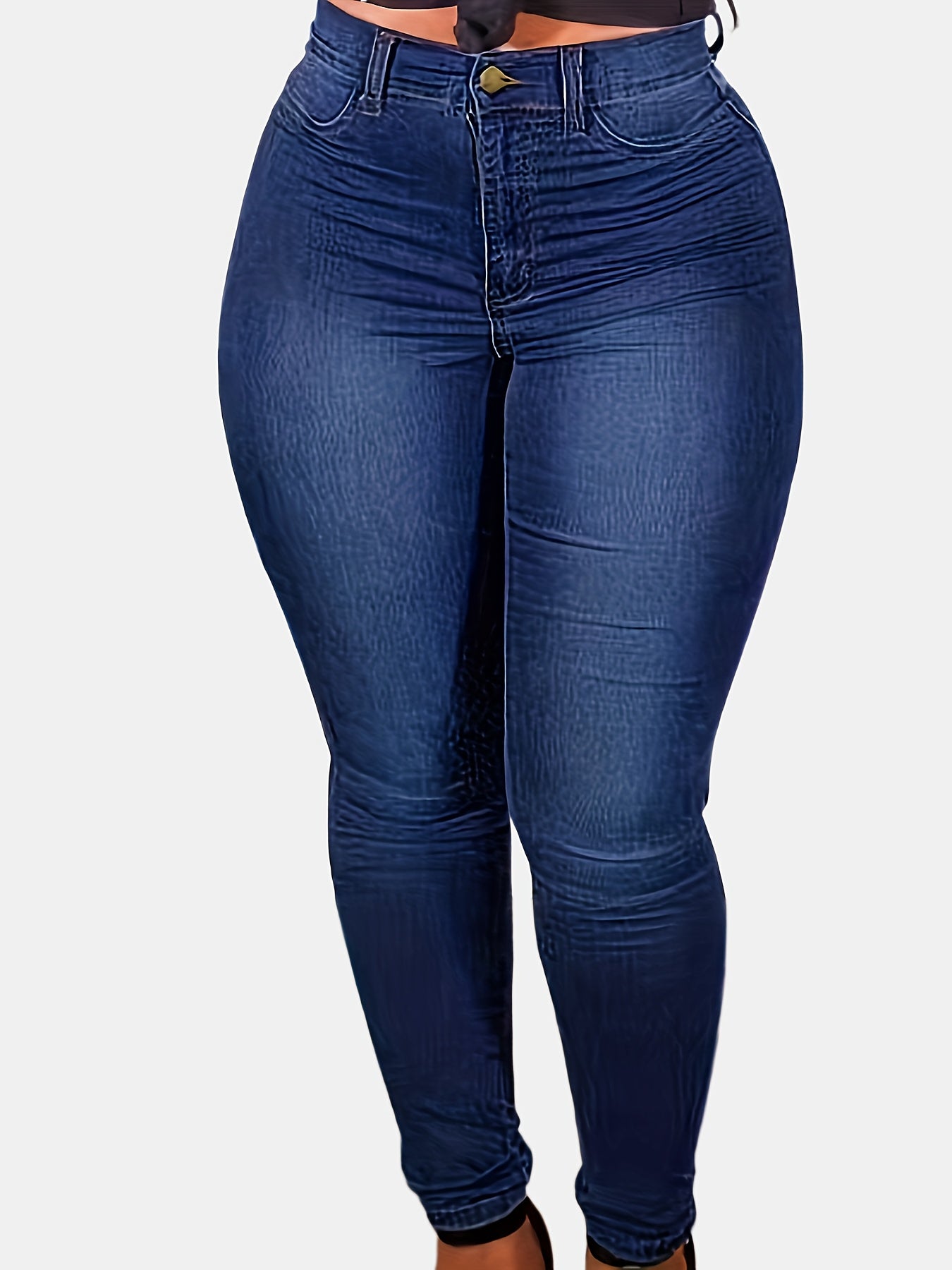 For Big Girls XL-4XL Plus Size Curvy Women's Blue Stretch Denim Long Blue Jean Pants, High-Waist Washed Stretch Jeans with Slant Pockets and Solid Buttons Female Streetwear Casual Clothing Supplies