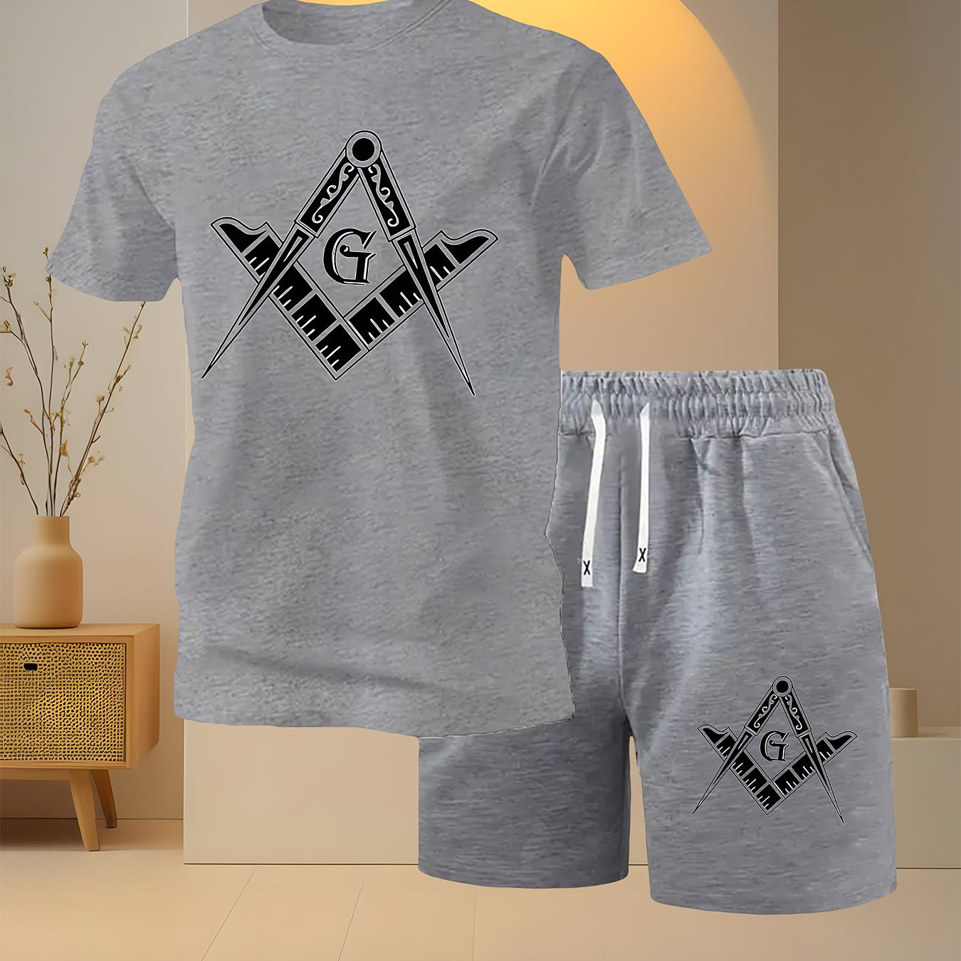 2 PCS Set Freemasonry Logo Print Men's Fashion Casual, Round Neck Short Sleeve T-Shirt and Drawstring Shorts Spring Summer Sportswear Outfit