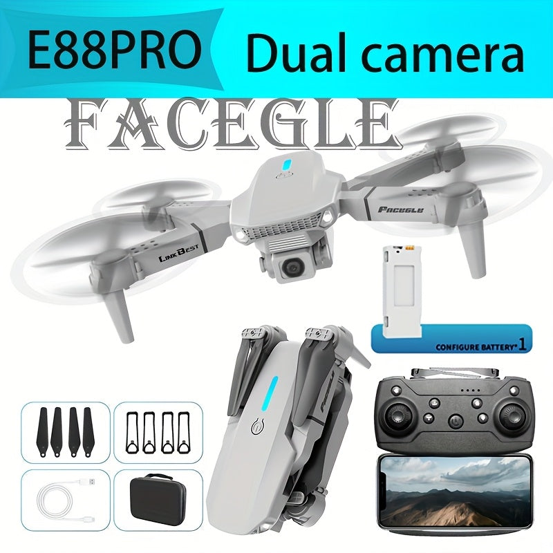 E88 Pro! Featuring a Foldable Design,  Compact And Lightweight, Available in Two Minimalist Colors: Black And Gray, Along with a Sturdy Build. It Has Dual 480P Cameras And Remote Control Operation