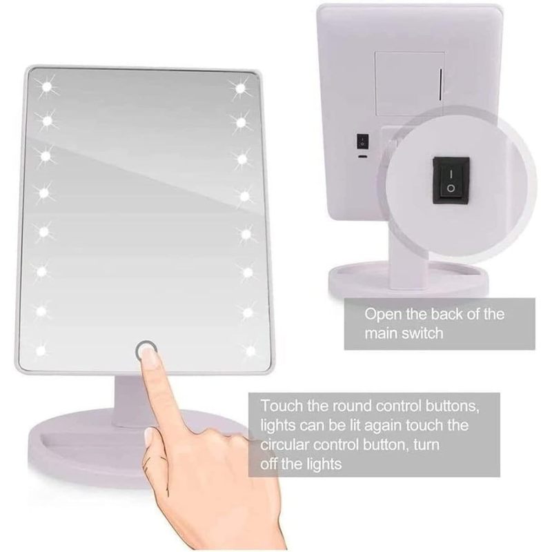 16 LED Touchscreen Makeup Mirror with Magnifying Mirror Adjustable Brightness Stand and Tray in White