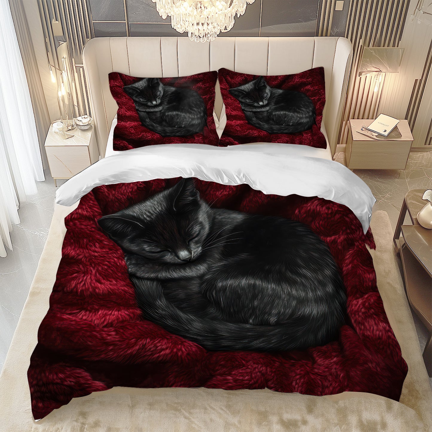 2/ 3 PCS Set Black Cat Red Duvet Cover Set, 1 Duvet Cover & 2 Pillowcases, Black Cat Red Design Bedding Set, Machine Washable, Soft and Comfortable Bed Cover Set for Bedroom