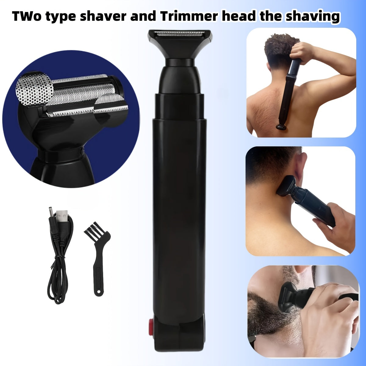 Men's Long-Handled Back Shaver with Facial Razor, Body Shaver with 2 Shock-Absorbing Elastic Heads and Adjustable Curved Handle - A Gift for Husband or Boyfriend