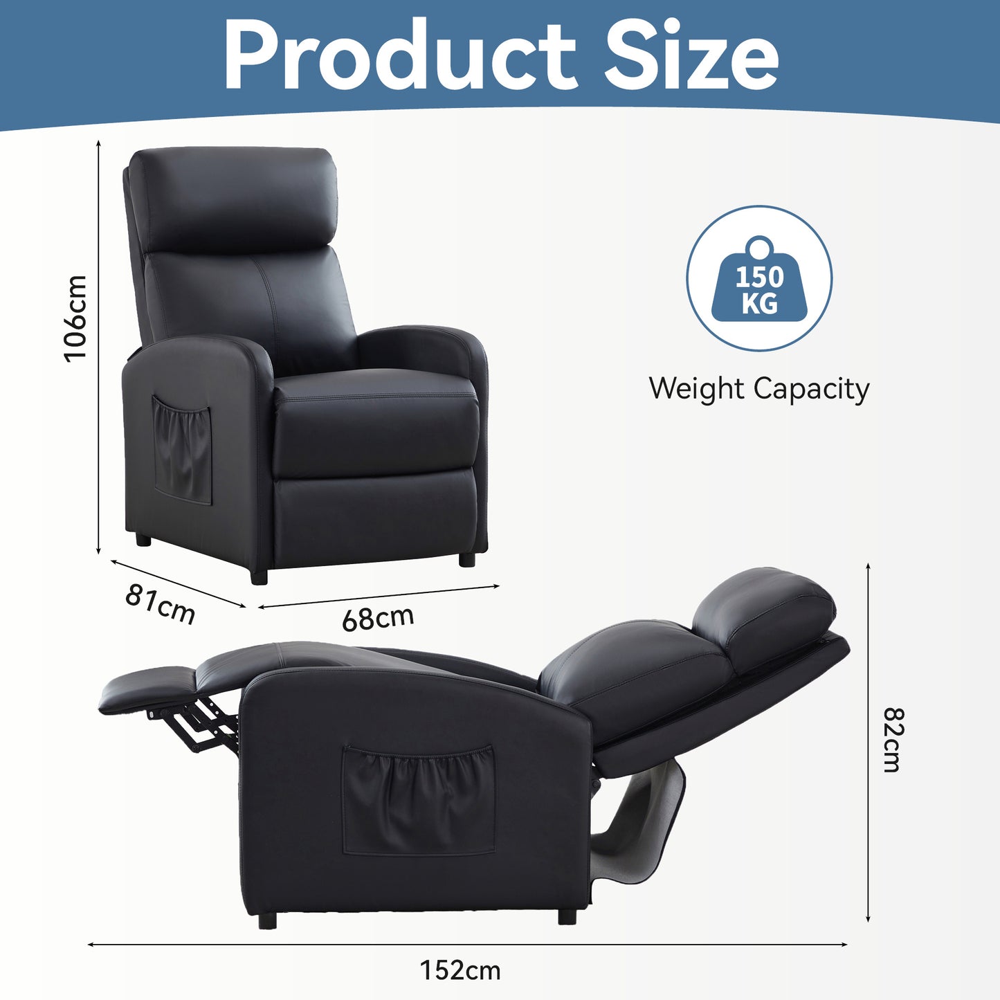 Push Back Recliner Chair Bed , Single Sofa with Lumbar Support, Padded Backrest, Side Pocket and Adjustable Leg Rest for Home Living Room
