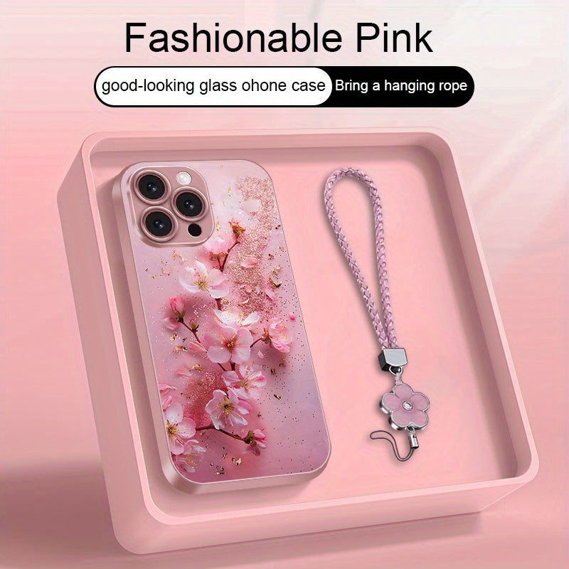Golden-Plated Cherry Blossom Metal Paint Glass Phone Case with Lanyard for iPhone 16/16 Plus/16 Pro/16 Pro Max/15/15 Plus/15 Pro/15 Pro Max/14/14 Plus/14 Pro/14 Pro Max/13/13 Pro/13 Pro Max/13 Mini/12/12 Pro/12 Pro Max/12 min