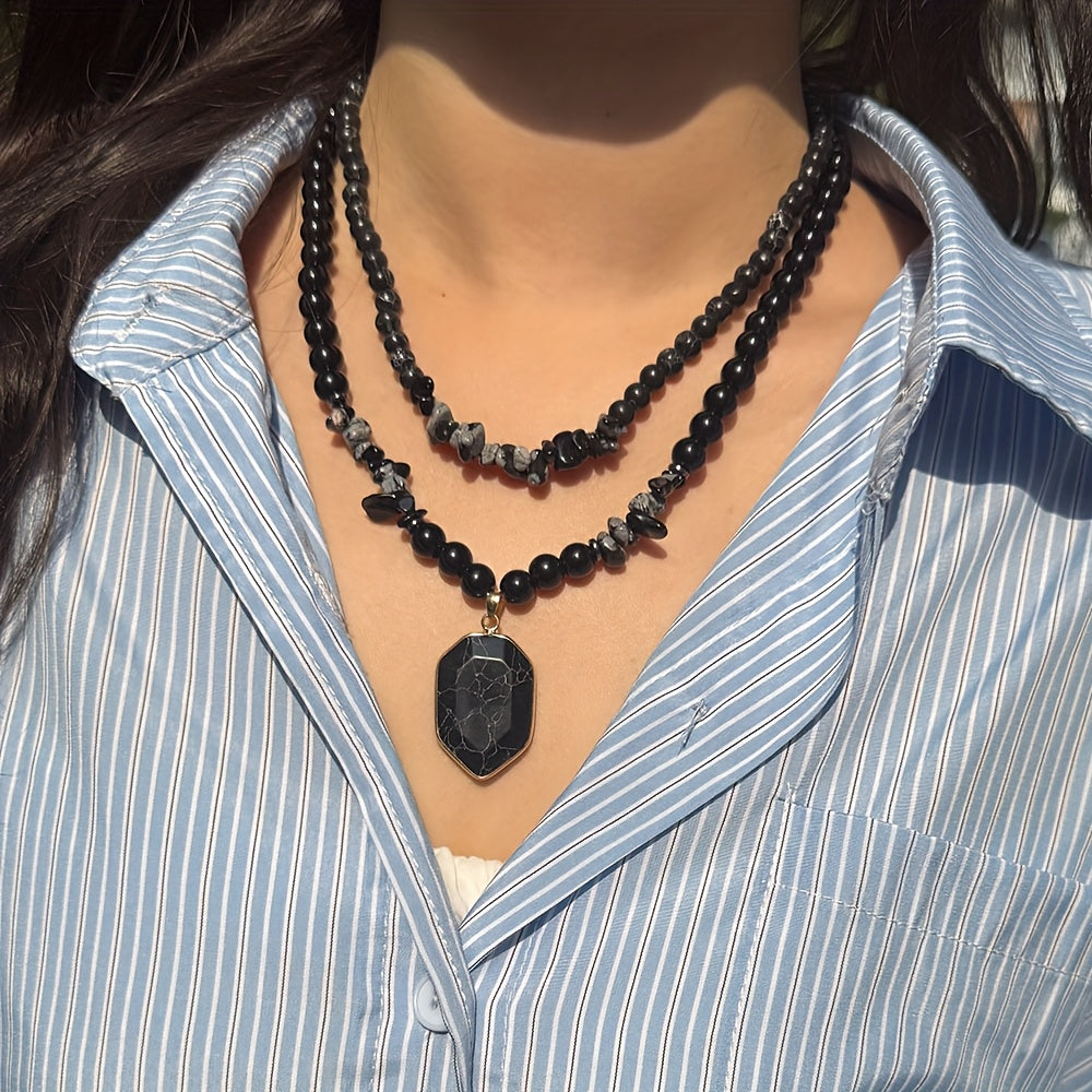 2 PCS Set Grounding Protection Black Obsidian Beaded Necklace, Natural Stone Pendant Double Layered Layered Necklace Set, Women's Fashion Jewelry Gift, Suitable for Giving to Family or Friends