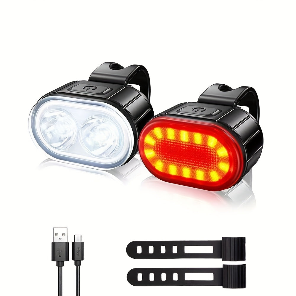 2 PCS Set of Bicycle Front and Rear Light Kit | Multi-functional LED Cycling Headlight and Taillight, USB Charging, Portable Night-time Cycling Floodlight, Easy to Install, Suitable for Night and Mountain Road Cycling