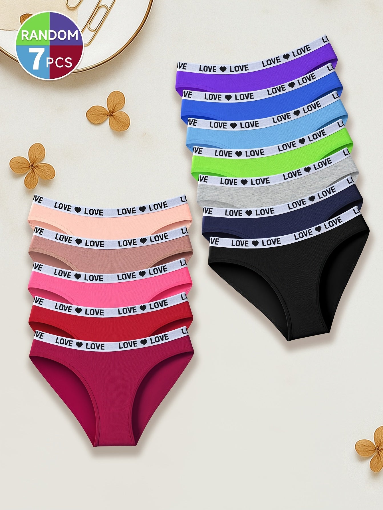 7-PCS Set  Women's Drop Waist Seamless Thong Panties | Sexy Bikini Heart Print, Simple Elegant Solid Color Design, High Elasticity Soft Breathable Fabric, Suitable for Light Skin, Autumn-Winter Underwear