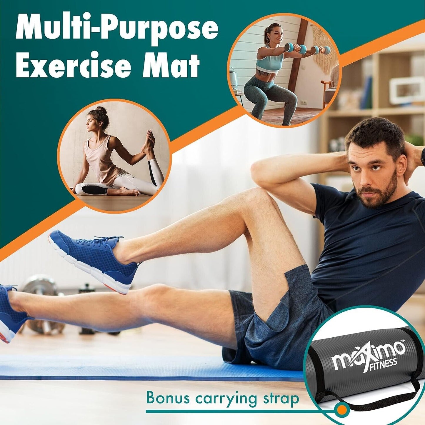 Yoga Exercise Mat Thick Non Slip with Carry Strap 15mm Workout for Home Large