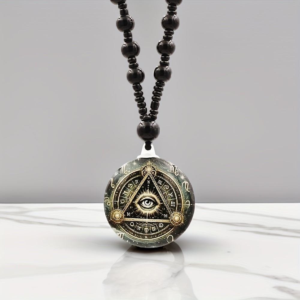 Women Men's Illuminati's Eye of Horus Round Pendant Long Chain Necklace, Glass Beads Rosary Ancient Egyptian Amulet Necklace - Religious Gift