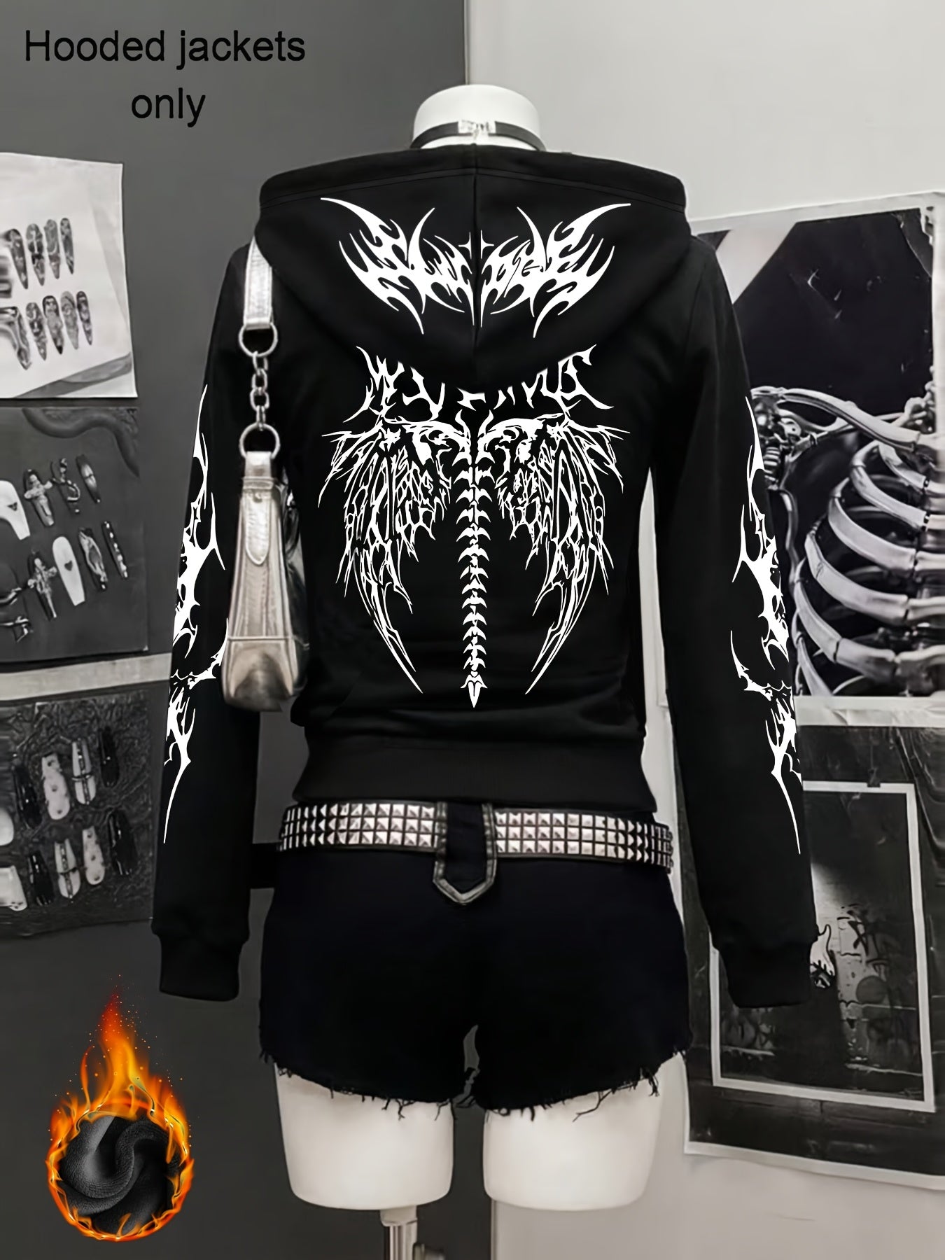 Autumn And Winter Y2K Gothic Style Printed Trendy New Zip Design Thick Plush Black Hooded Zip Jacket, Black Cardigan for a Casual And Relaxed Commuting Look