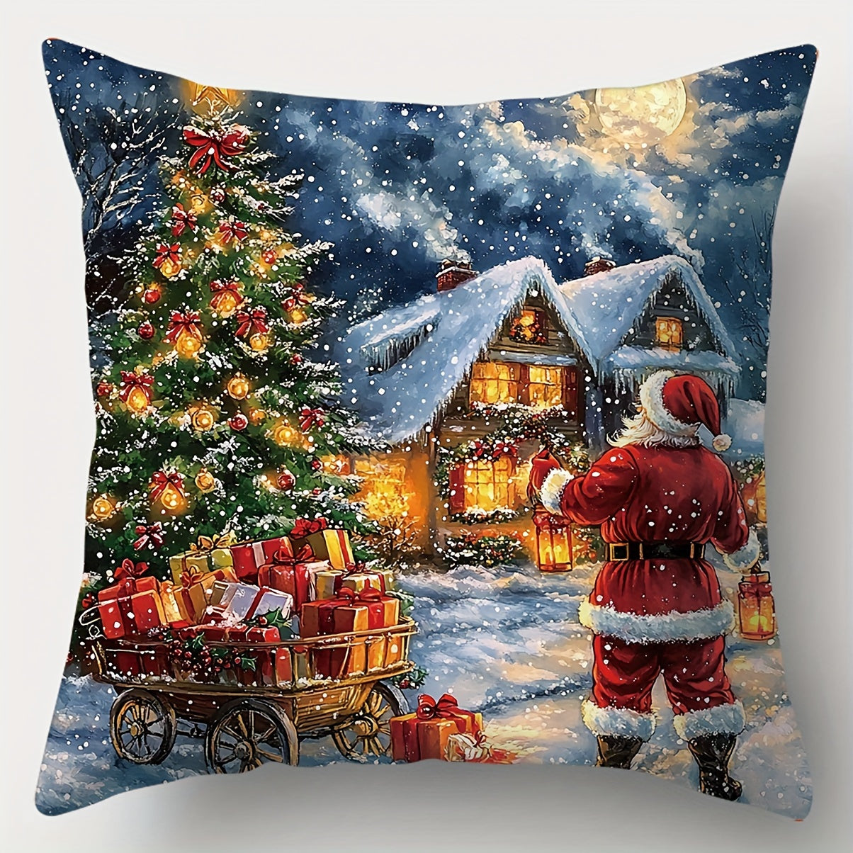 4-Piece Christmas Throw Pillow Covers Set, Contemporary Style, Hand Wash Only, Zipper Closure, Woven Polyester, Santa Claus, Christmas Tree, Sled, Reindeer Printed Cushions for Living Room Decor, 45.01cm