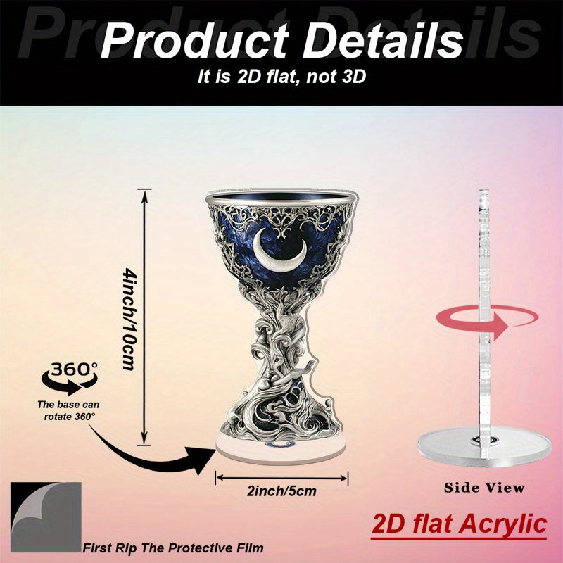 2D Flat Spinning Acrylic Tabletop Decor Featuring A Mystical Chalice Secret Society Sacred Ceremonies with Azure Interior And Silvery Filigree for Enchanting Home Or Office Settings