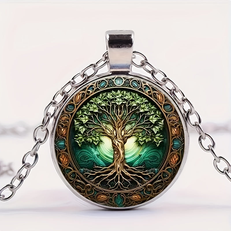 1pc Vintage Glow-in-the-Dark Tree of Life Necklace - Stainless Steel & Glass Zinc Alloy, Bohemian Style, Ideal for Daily Wear or Gifting, Tree Of Life Jewelry