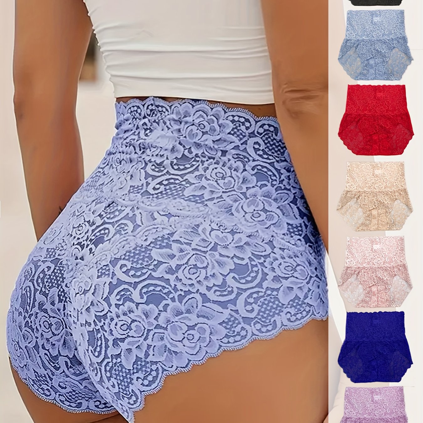 7pcs Set Women's High-Waisted Lace Underwear - Floral Print Bikini Briefs with Multi-Color Options (Black, Navy, Red, Pink, Beige,, Purple) - Full Coverage Opaque Triangle Panties, Hand Washable Lace Trim & High for